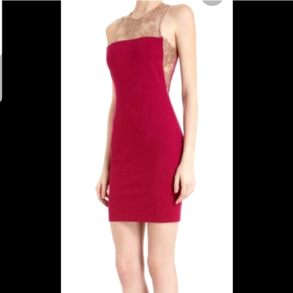 Authentic Mason by Michelle Mason Hot Pink Red with Beige Brown Tan Lace Dress